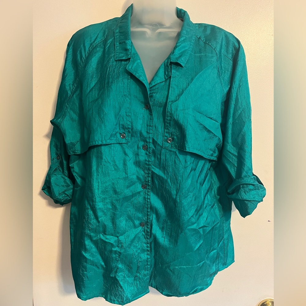 Vintage Diane Von Furstenberg jade green utility top blouse medium shoulder pads